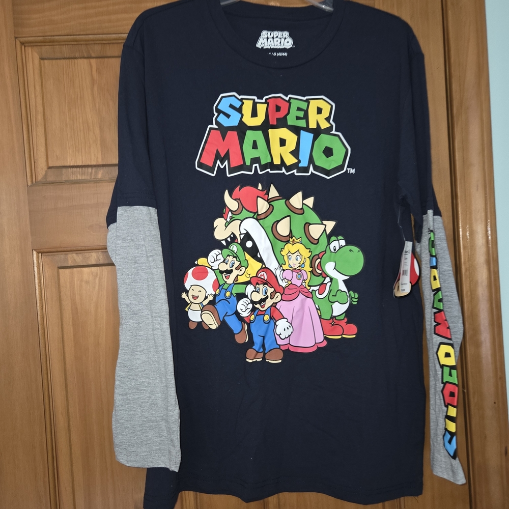 Super Mario Character Long Sleeve Tee - Navy and Gray